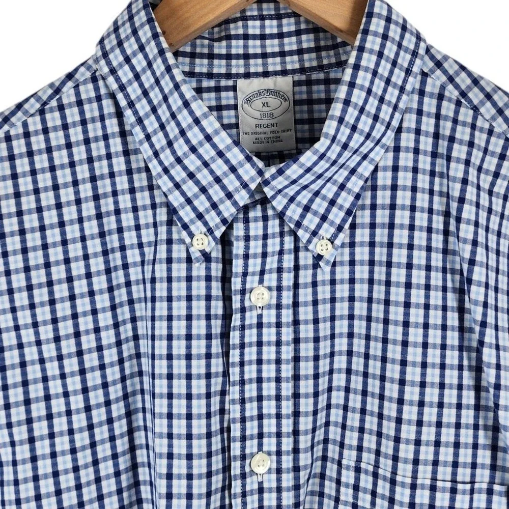 Brooks Brothers Button Down Shirt Mens XL Blue Gingham‎ Regent Polo Cotton